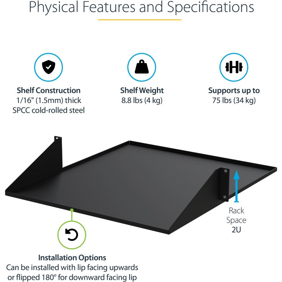 StarTech.com 2U Server Rack Shelf - 2 Post - Center Mount - Solid