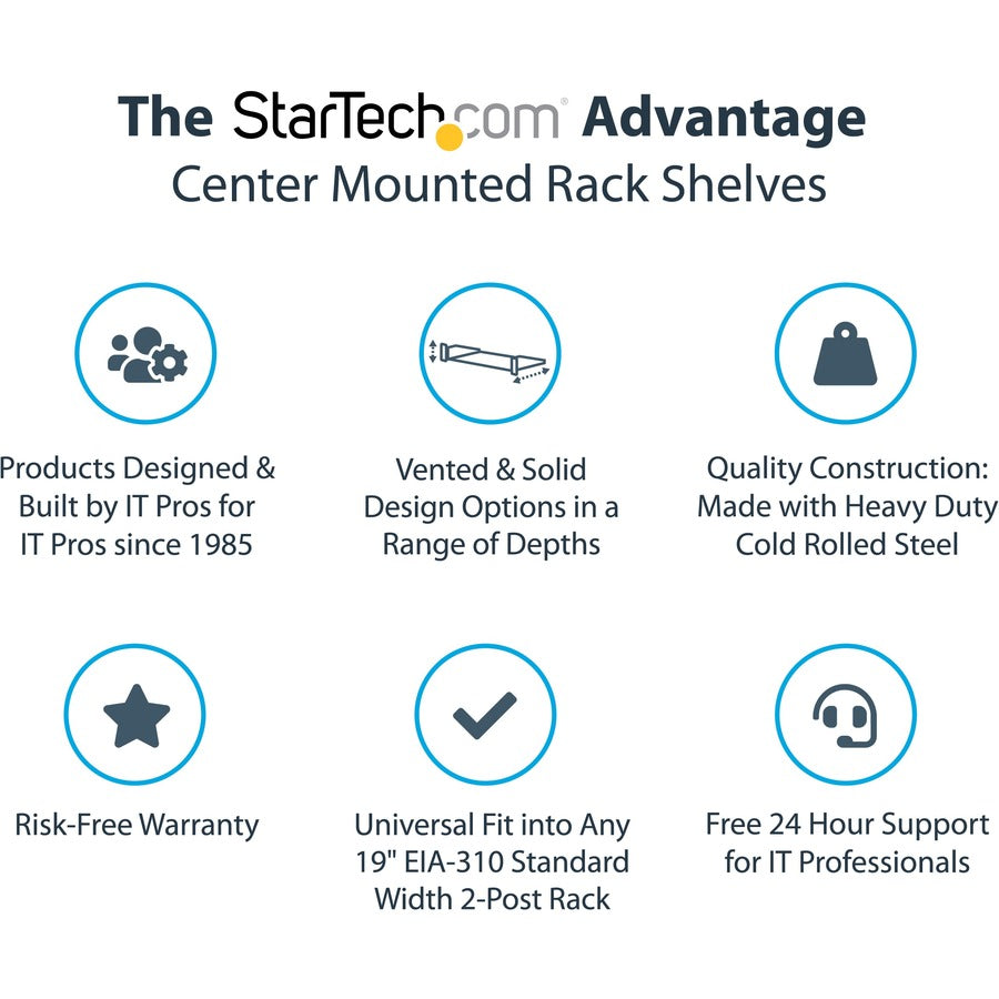 StarTech.com 2U Server Rack Shelf - 2 Post - Center Mount - Solid
