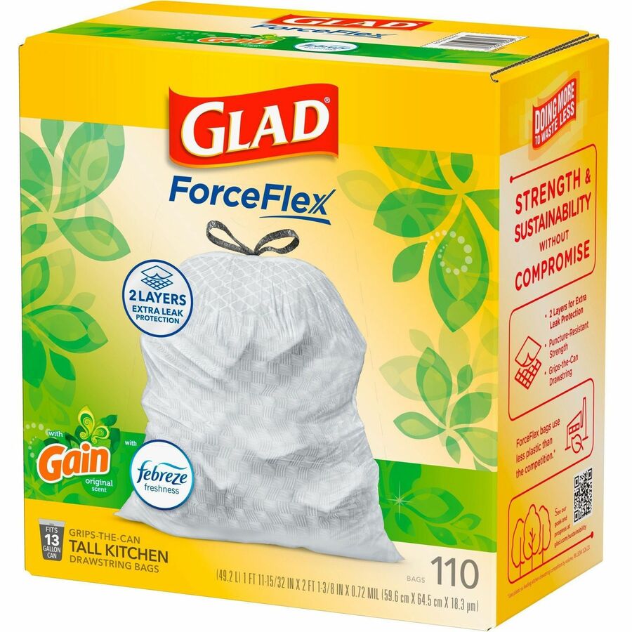Glad ForceFlex Tall Kitchen Drawstring Trash Bags - Gain Original with Febreze Freshness - 13 gal Capacity - 33.75 ft Length x 25.38 ft Width x 0.72 mil (18 Micron) Thickness - Drawstring Closure - White - Home, Office, Kitchen, Breakroom - 1 Box