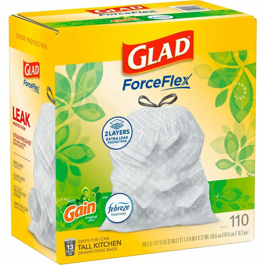 Glad ForceFlex Tall Kitchen Drawstring Trash Bags - Gain Original with Febreze Freshness - 13 gal Capacity - 33.75 ft Length x 25.38 ft Width x 0.72 mil (18 Micron) Thickness - Drawstring Closure - White - Home, Office, Kitchen, Breakroom - 1 Box