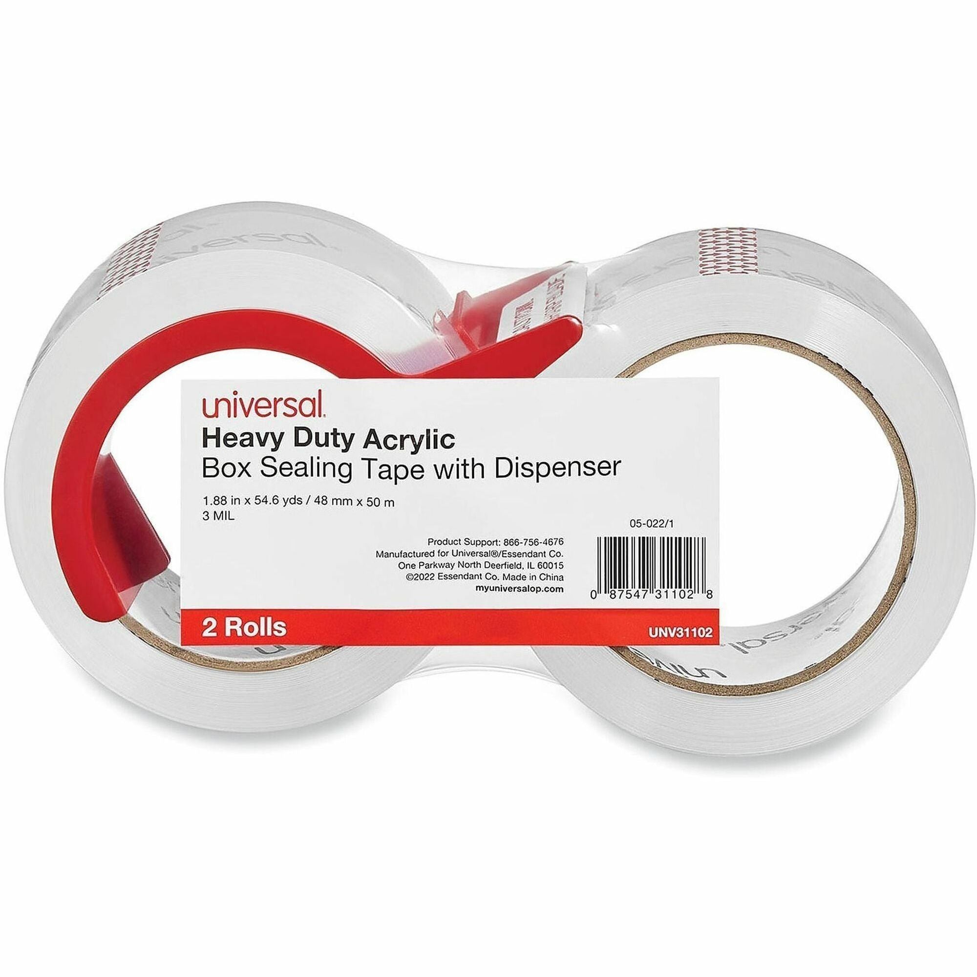 Universal Packaging Tape - 54.60 yd Length x 1.88" Width x 3 mil Thickness - 3" Core - Clear - Acrylic - Plastic Backing - 2 / Pack