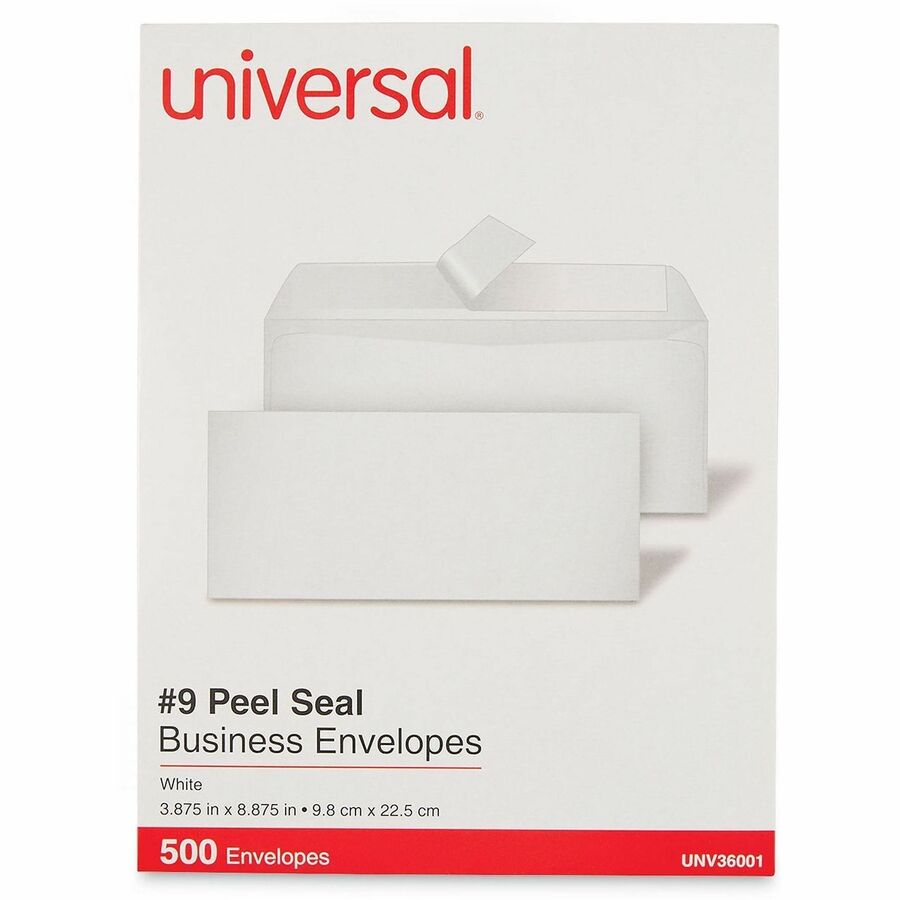 Universal Envelope, Business #9, 24 lb, Self Adhesive, White, Paper Stock, 500/Box