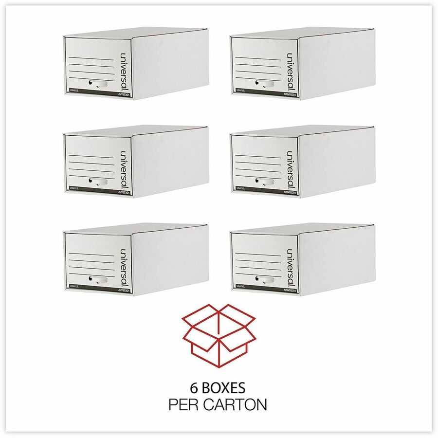 Internal Dimensions: 15.50" Width x 23.50" Depth x 10.25" Height - External Dimensions: 17.3" Width x 25.5" Depth x 11.5" Height - Media Size Supported: Legal - Heavy Duty - Corrugated Fiberboard - White - For Box File - 6 / Carton