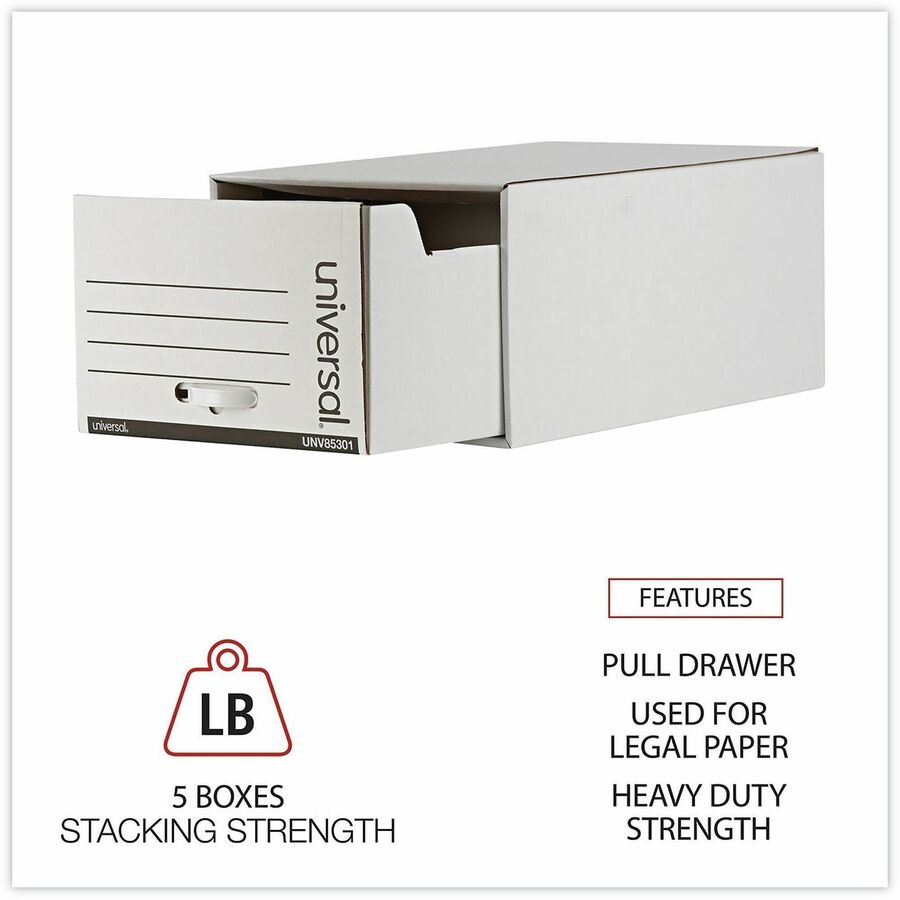 Internal Dimensions: 15.50" Width x 23.50" Depth x 10.25" Height - External Dimensions: 17.3" Width x 25.5" Depth x 11.5" Height - Media Size Supported: Legal - Heavy Duty - Corrugated Fiberboard - White - For Box File - 6 / Carton