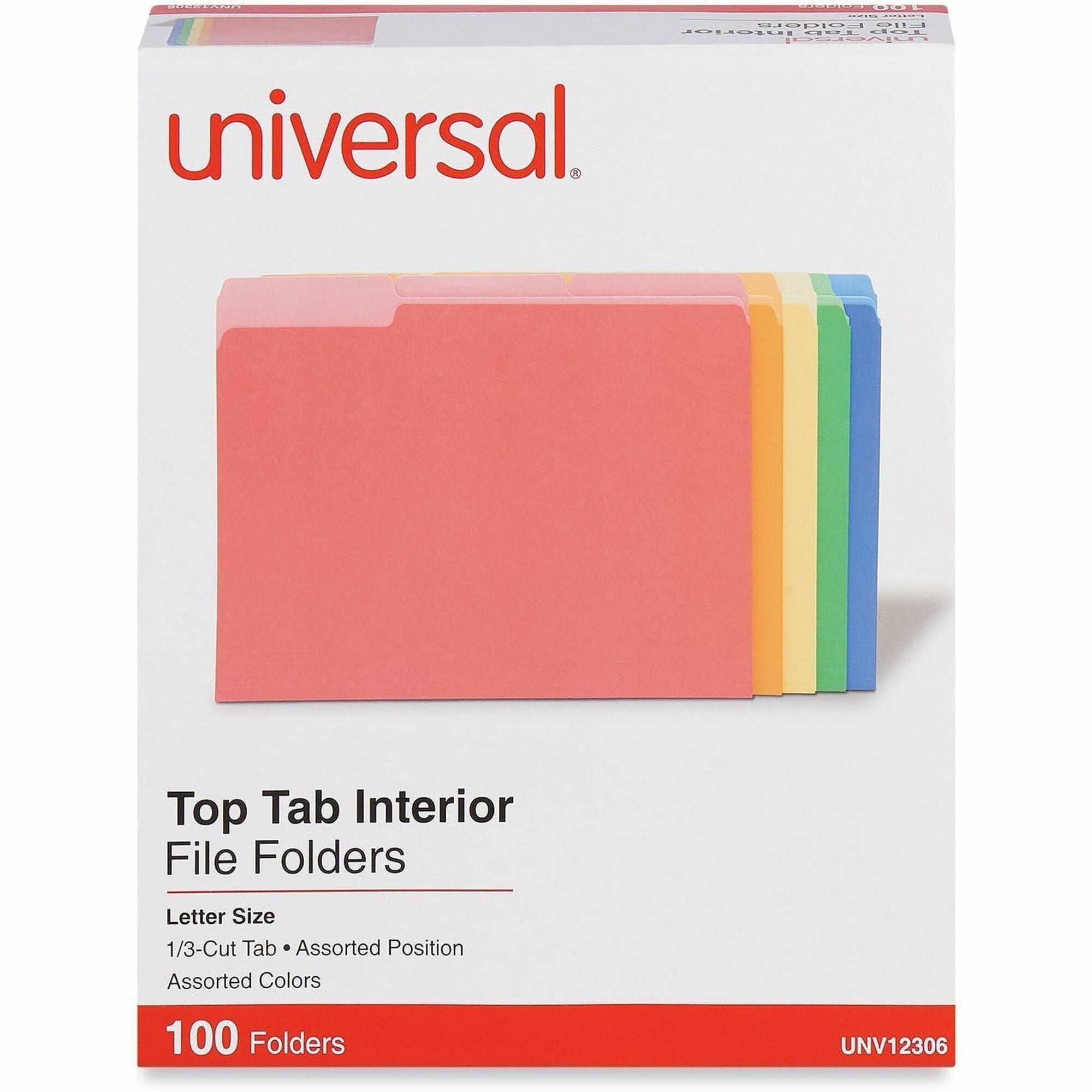 Universal 1/3 Tab Cut Letter Top Tab File Folder, 8.5" x 11", Assorted Tab Position, 11 pt. Stock, Box of 100