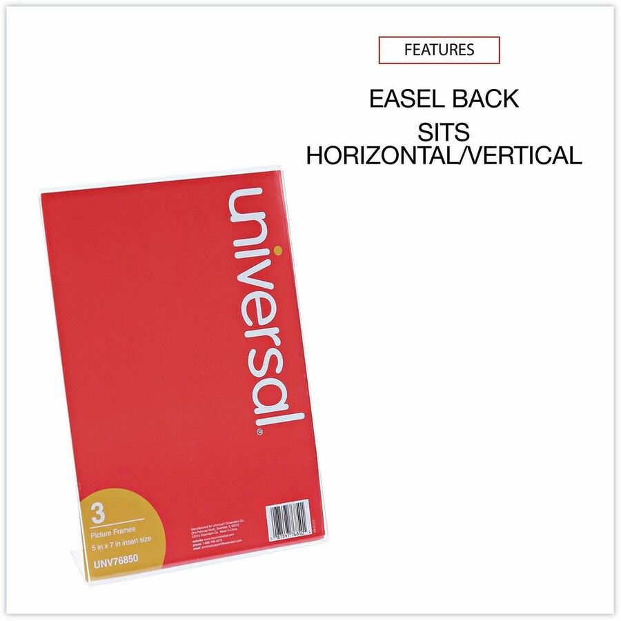 Universal Photo Frame - Holds 7" x 5" Insert - Rectangle - Desktop - Horizontal, Vertical - Durable, Shatter Proof - Polystyrene - Clear - 3 / Pack