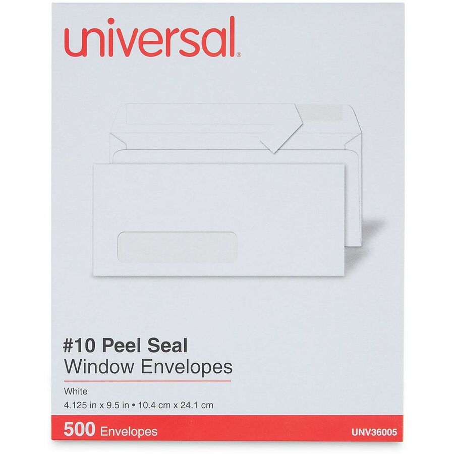 Universal Envelope, Business #10, 24 lb, Self Adhesive, White, Paper Stock, 500/Box