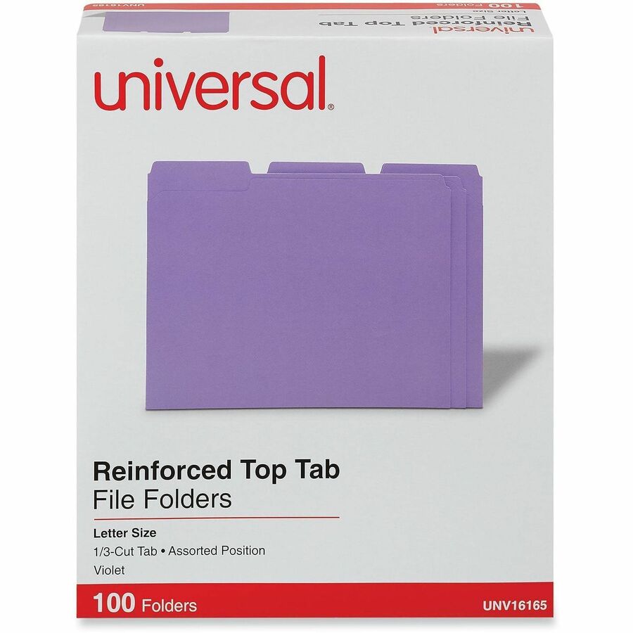Universal 1/3 Tab Cut Letter Top Tab File Folders, 8.5" x 11", 1" Expansion, Assorted Tab Positions, 11 pt. Stock, Box of 100