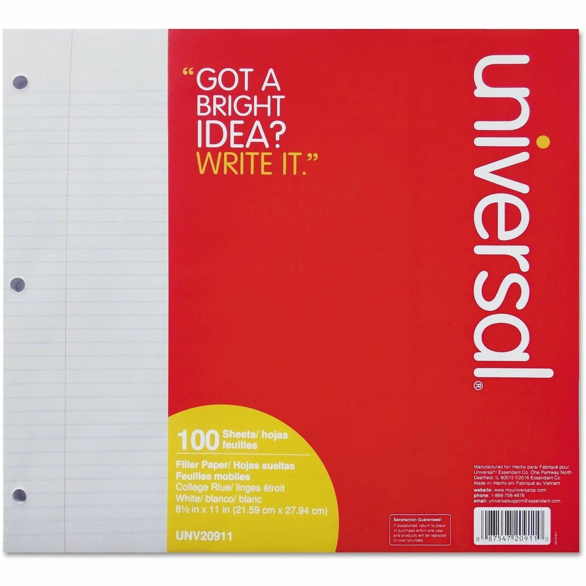 100 Sheets - Medium Ruled, College Ruled Front Ruling - Red Margin - 3 Hole(s) - 15 lb Basis Weight - White Paper - 100 / Pack
