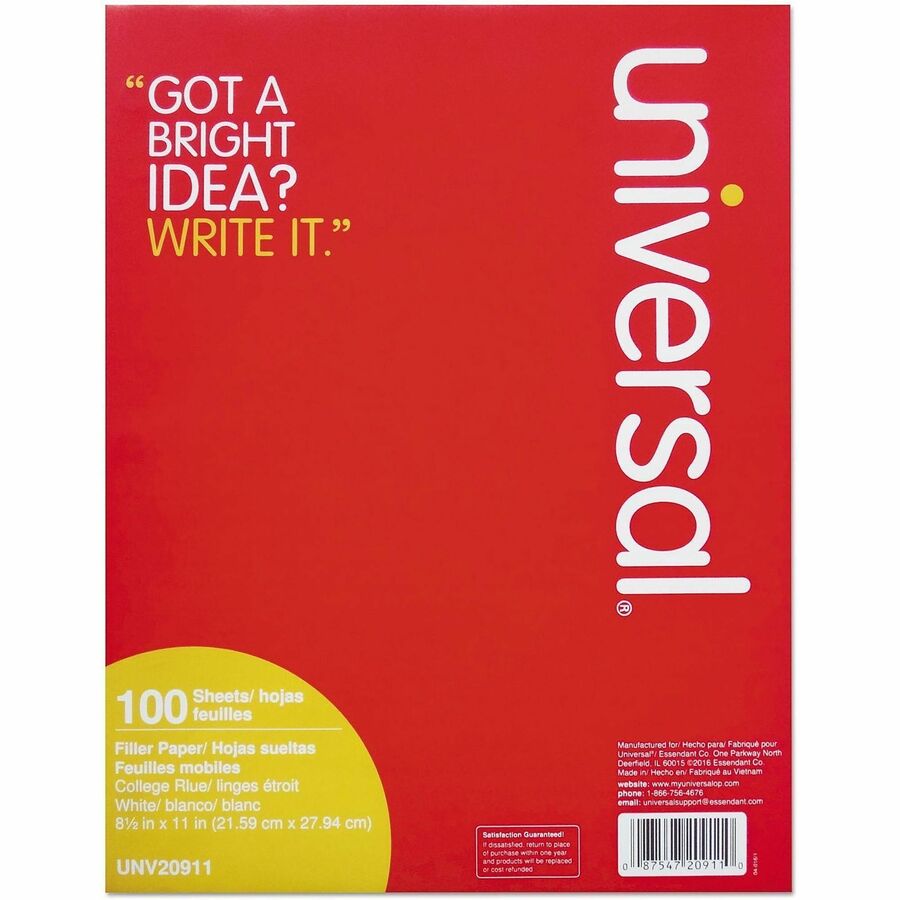 100 Sheets - Medium Ruled, College Ruled Front Ruling - Red Margin - 3 Hole(s) - 15 lb Basis Weight - White Paper - 100 / Pack