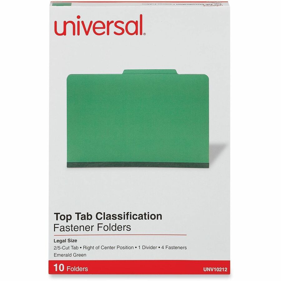 Universal 2/5 Tab Cut Legal Classification Folder - 8 1/2" x 14" - 2" Expansion - 4 Fastener(s) - 2" Fastener Capacity - Top Tab Location - Right of Center Tab Position - 1 Divider(s) - Emerald Green - 10 Box