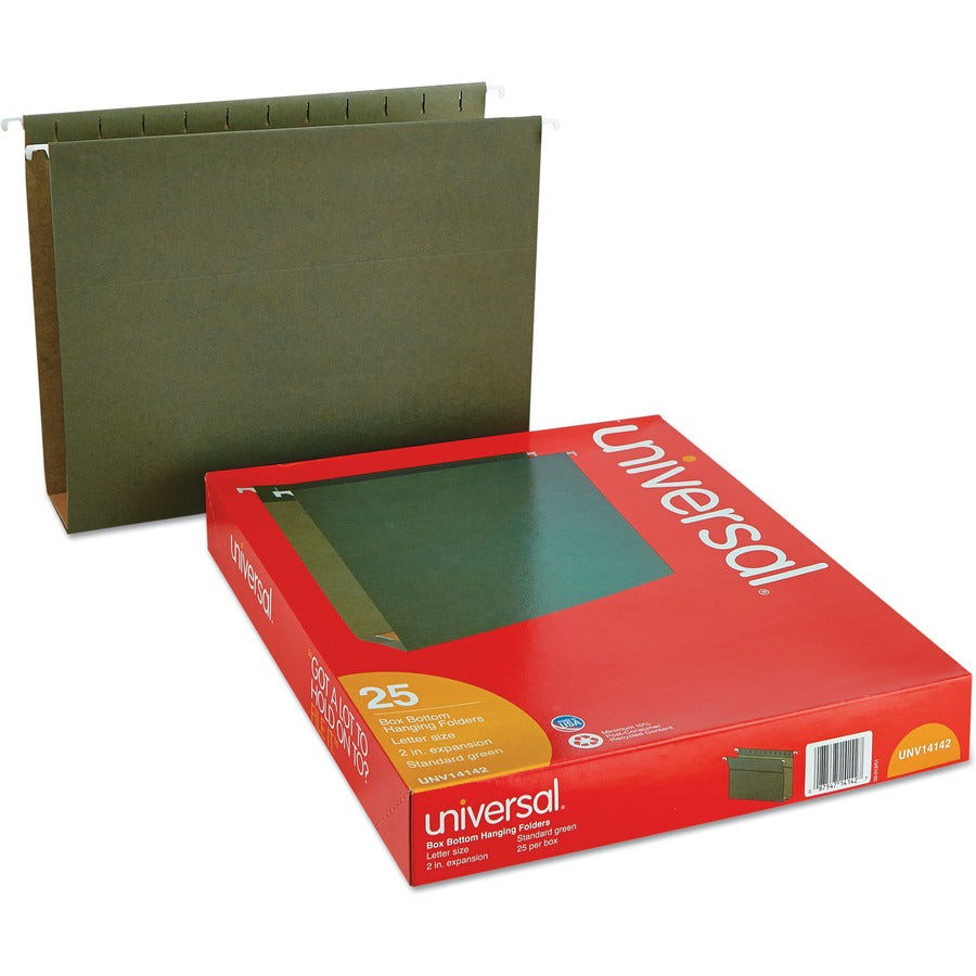 Universal 1/5 Tab Cut Letter Hanging Folder - 8 1/2" x 11" - 2" Expansion - Assorted Tab Position - 11 pt. - Stock - Standard Green - 25 Box