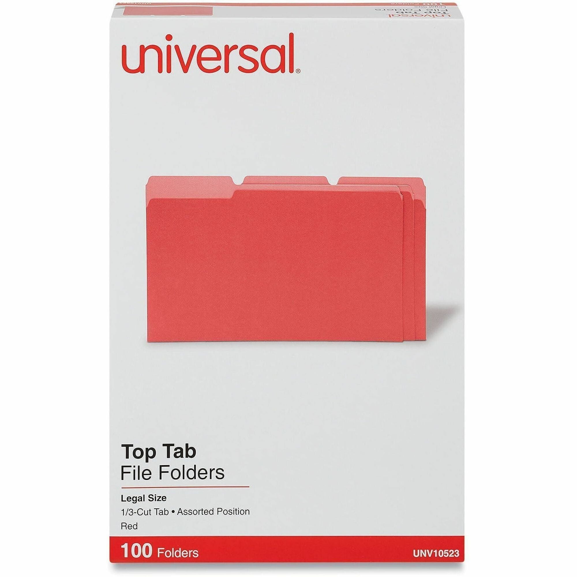 Universal 1/3 Tab Cut Legal Top Tab File Folder, 8 1/2" x 14", Assorted Tab Position, 11 pt. Stock, Box of 100