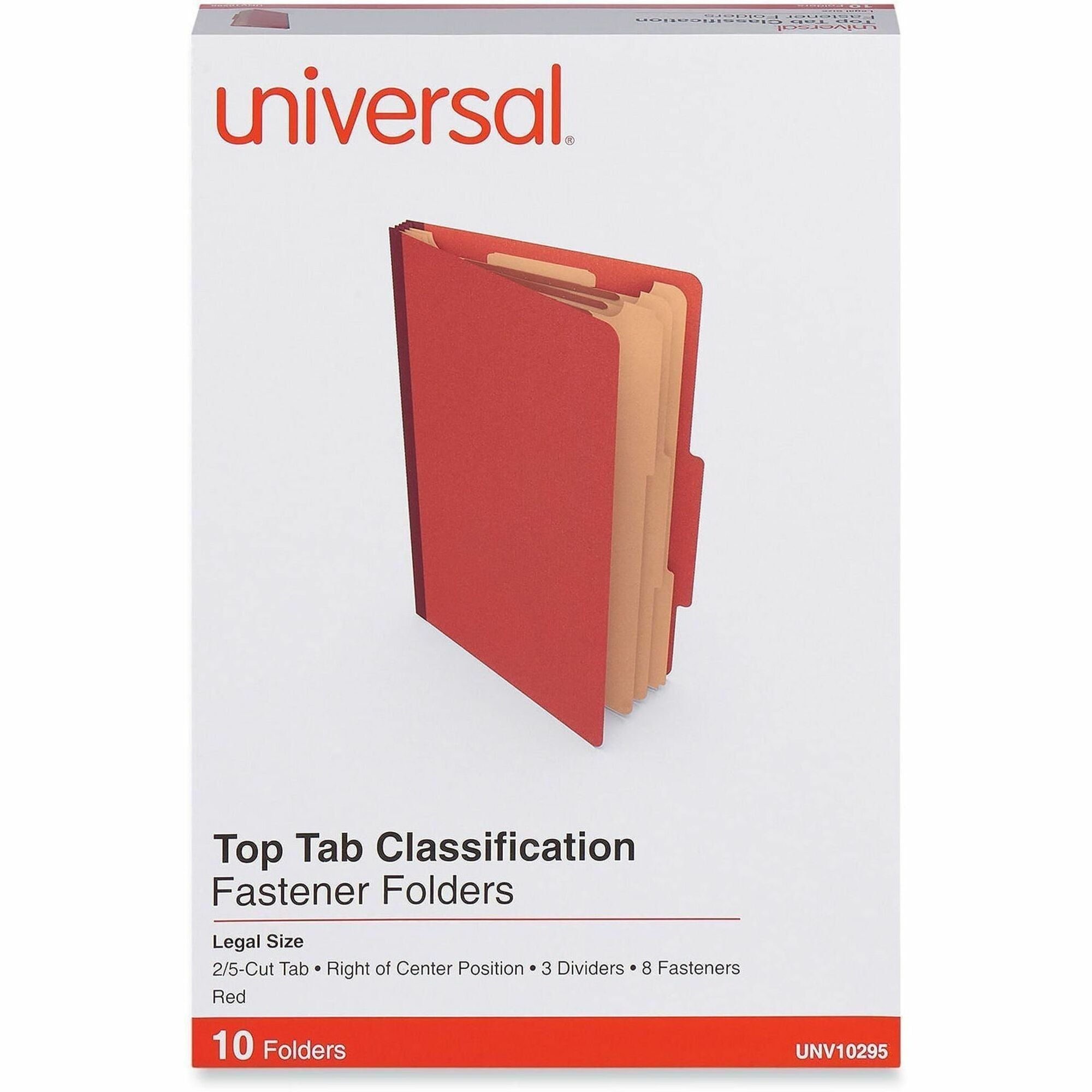 Universal 2/5 Tab Cut Legal Classification Folder - 8 1/2" x 14" - 3" Expansion - 8 Fastener(s) - 2" Fastener Capacity - Top Tab Location - Right of Center Tab Position - 3 Divider(s) - Red - 10 Box