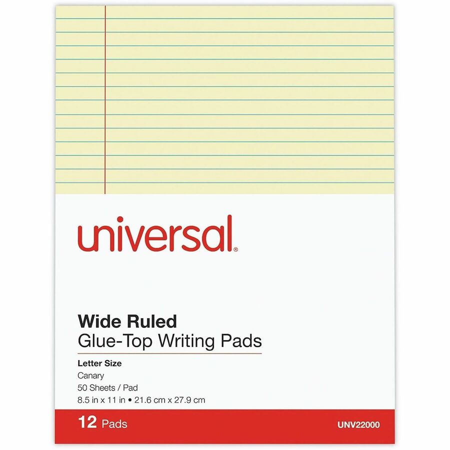 1 Subject(s) - 50 Sheets - Glued - Wide Ruled, Legal Ruled Front Ruling - 16 lb Basis Weight - 11" Height x 8.5" Width - Canary Paper - Chipboard Cover - 1 Dozen