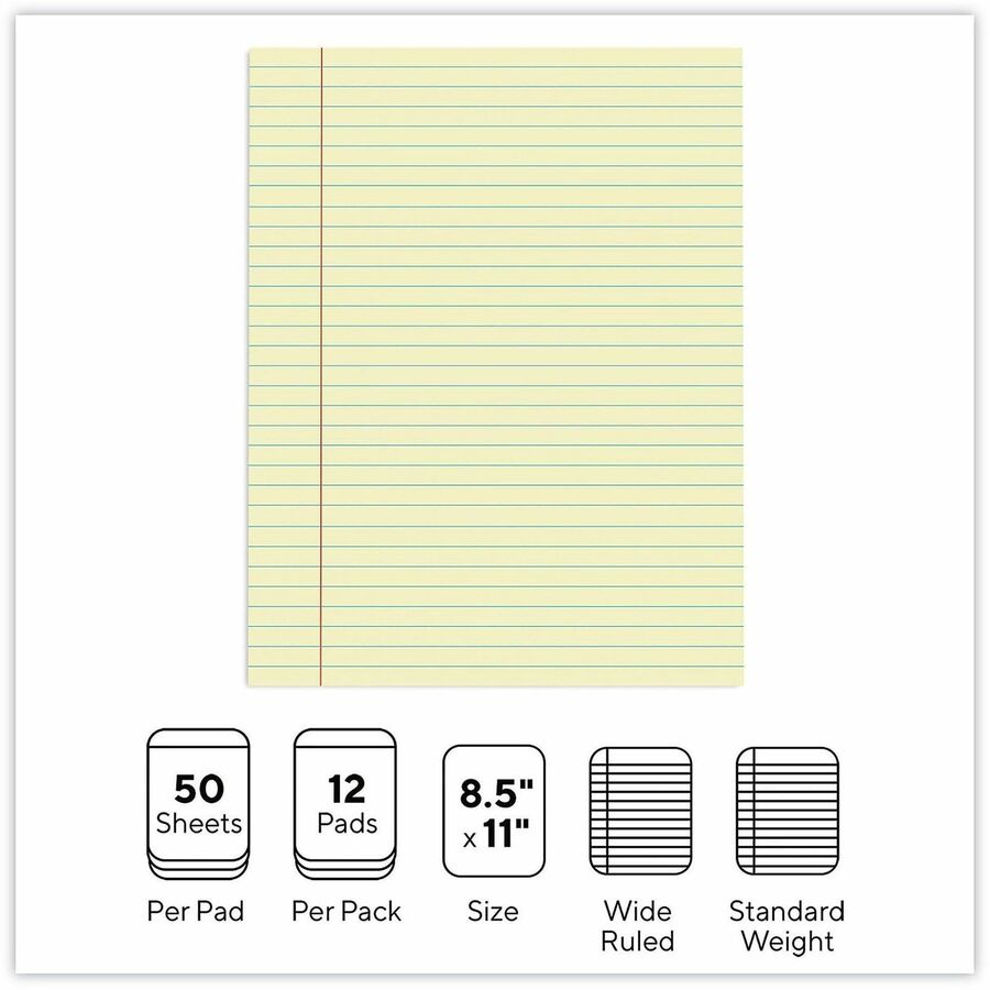 1 Subject(s) - 50 Sheets - Glued - Wide Ruled, Legal Ruled Front Ruling - 16 lb Basis Weight - 11" Height x 8.5" Width - Canary Paper - Chipboard Cover - 1 Dozen