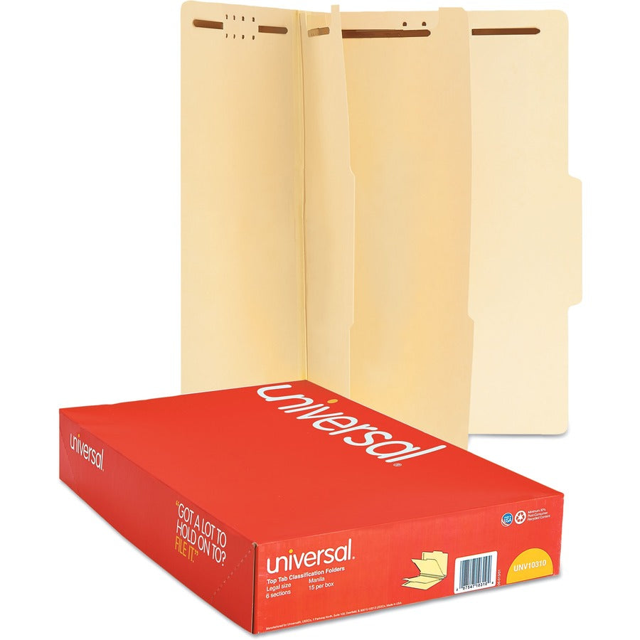 Universal 2/5 Tab Cut Legal Classification Folder - 8 1/2" x 14" - 2" Expansion - 6 Fastener(s) - 2" Fastener Capacity - Top Tab Location - Right of Center Tab Position - 2 Divider(s) - Manila - 15 Box