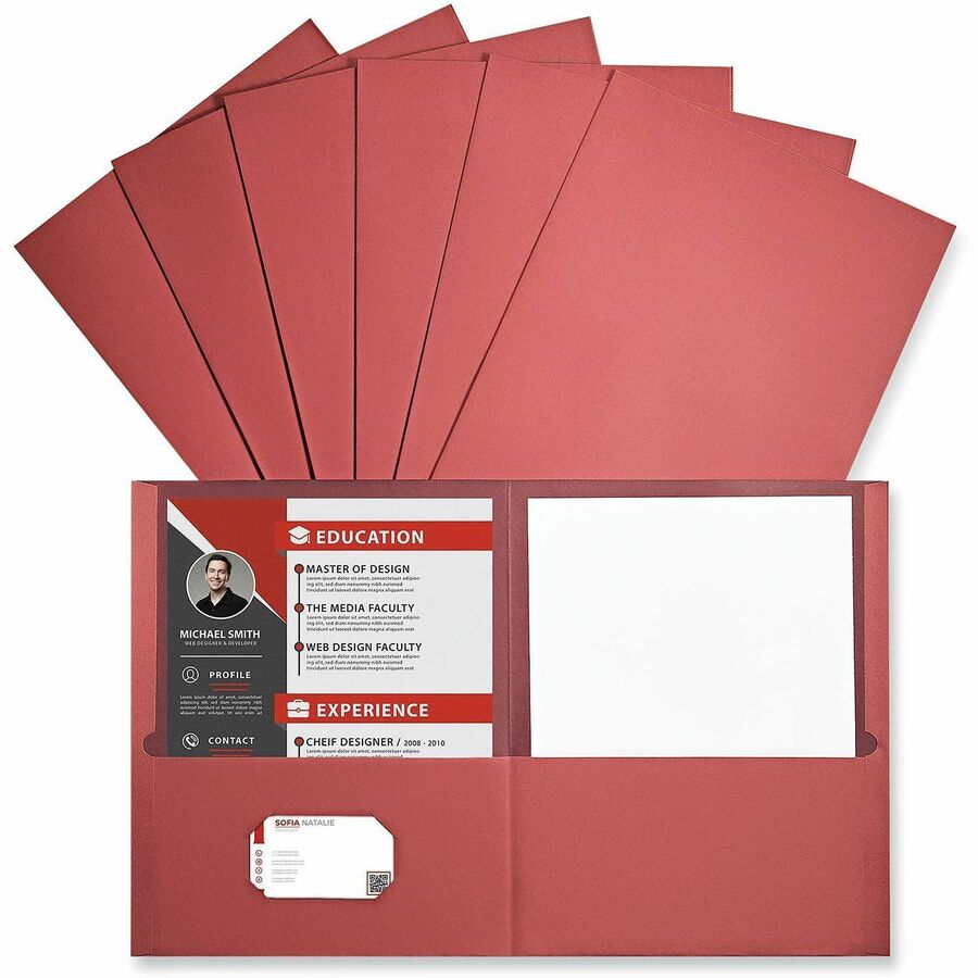 Universal Two-Pocket Folder, Embossed Leather Grain Paper, 11" x 8.5", Red, 2 Pockets, Business Card Holder, 25/Box