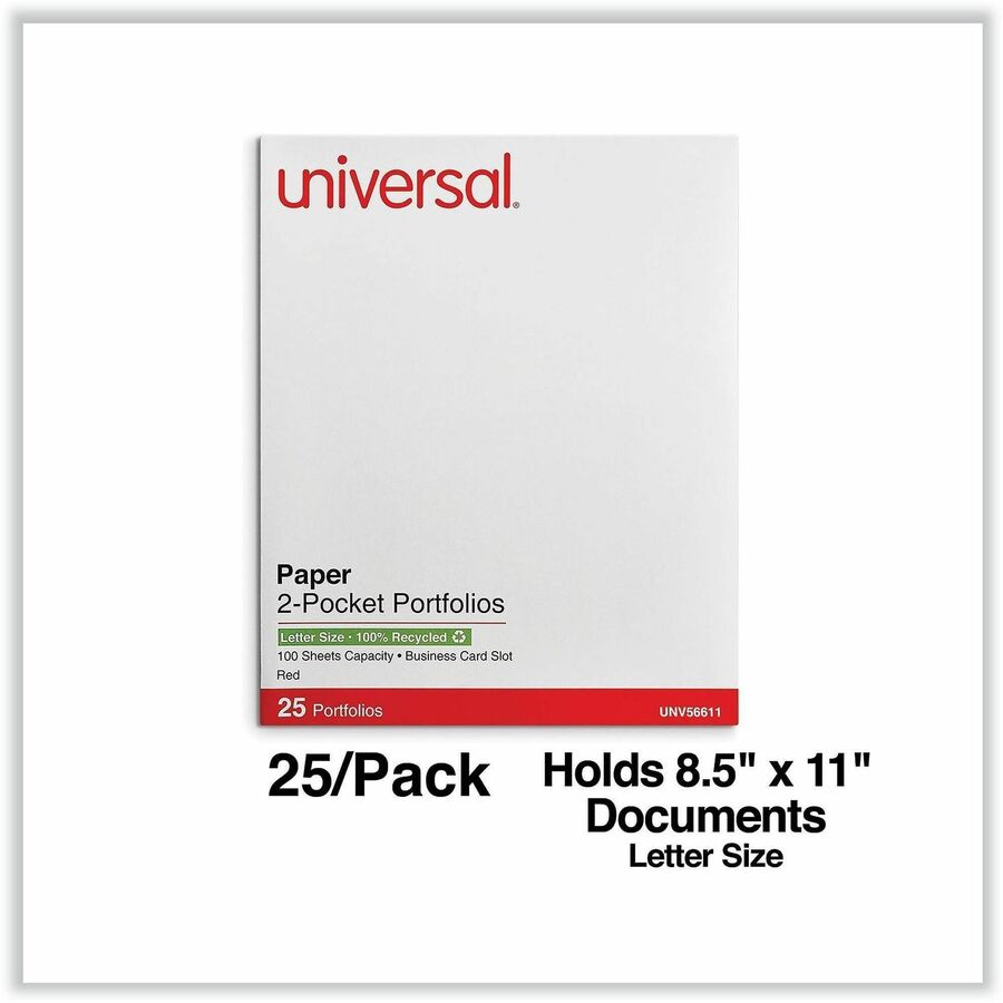 Universal Two-Pocket Folder, Embossed Leather Grain Paper, 11" x 8.5", Red, 2 Pockets, Business Card Holder, 25/Box