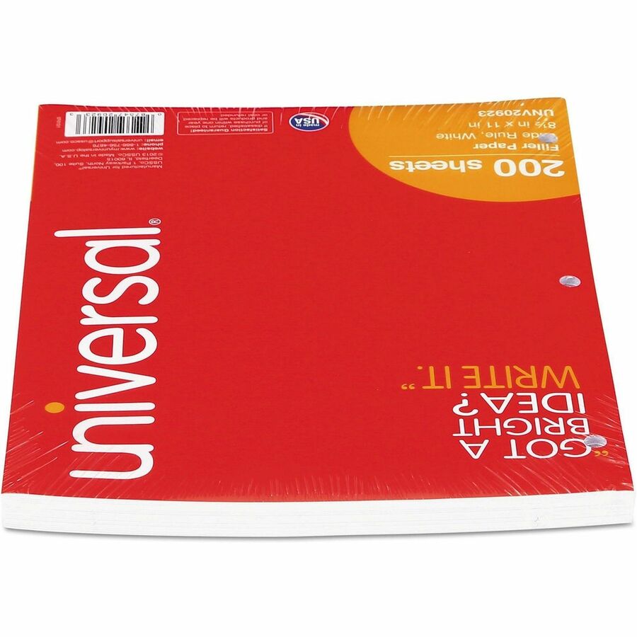 200 Sheets - Wide Ruled, Legal Ruled Front Ruling - Red Margin - 3 Hole(s) - 15 lb Basis Weight - White Paper - 200 / Pack