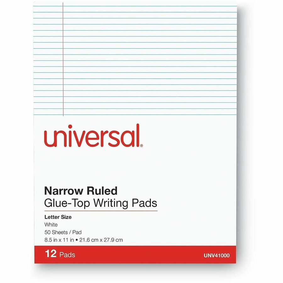 1 Subject(s) - 50 Sheets - Glued - Narrow Ruled Front Ruling - 16 lb Basis Weight - 11" Height x 8.5" Width - White Paper - Chipboard Cover - 1 Dozen