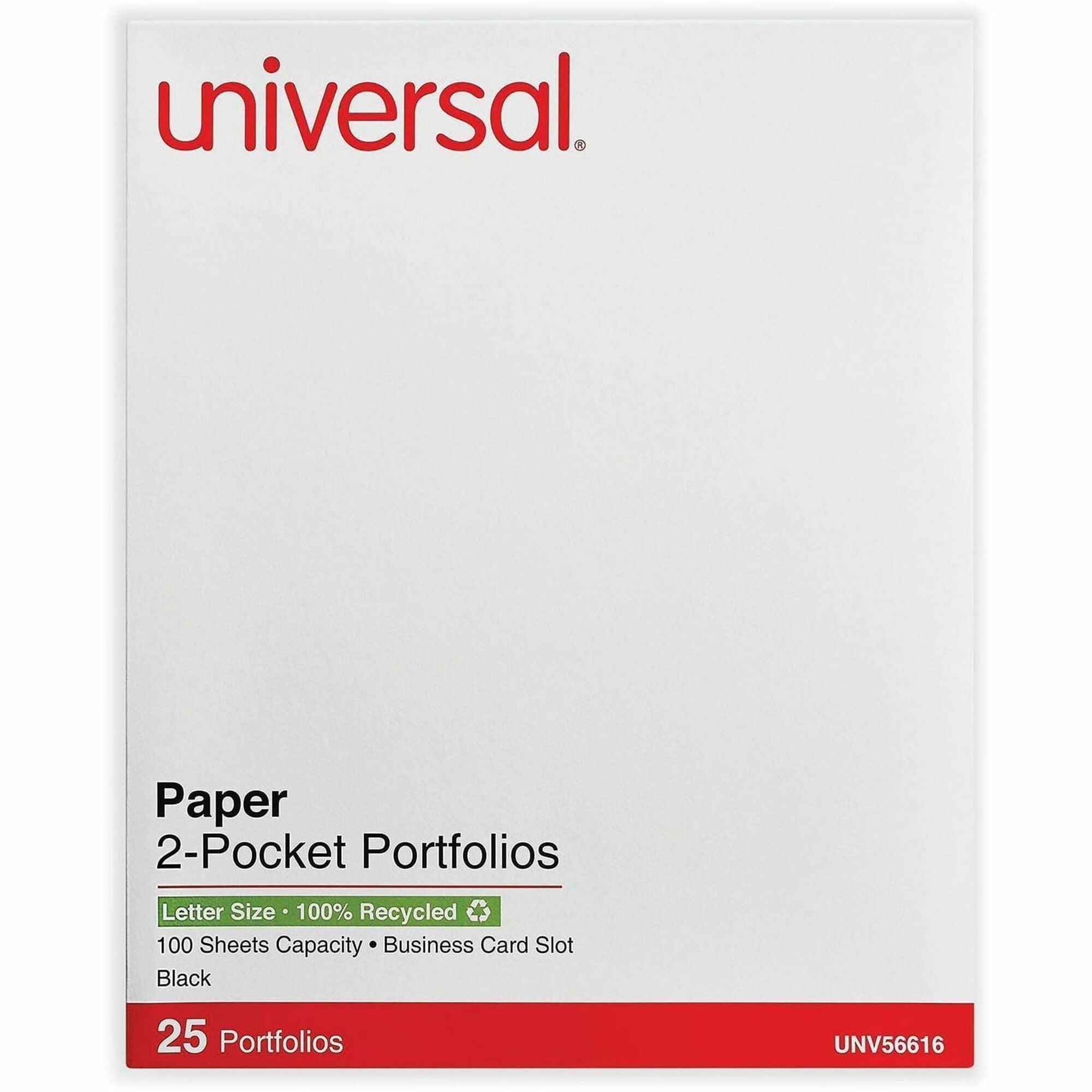 Universal Two-Pocket Folder, Embossed Leather Grain, Black, 11" x 8.5", 2 Pockets, Business Card Holder, 25/Box