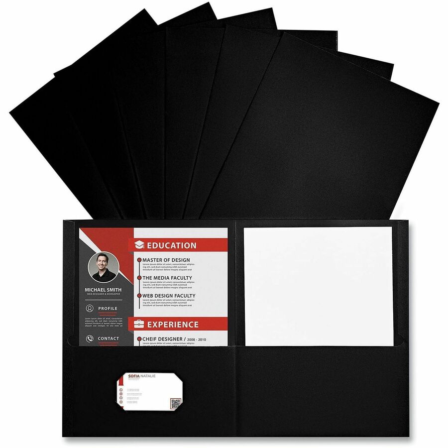 Universal Two-Pocket Folder, Embossed Leather Grain, Black, 11" x 8.5", 2 Pockets, Business Card Holder, 25/Box