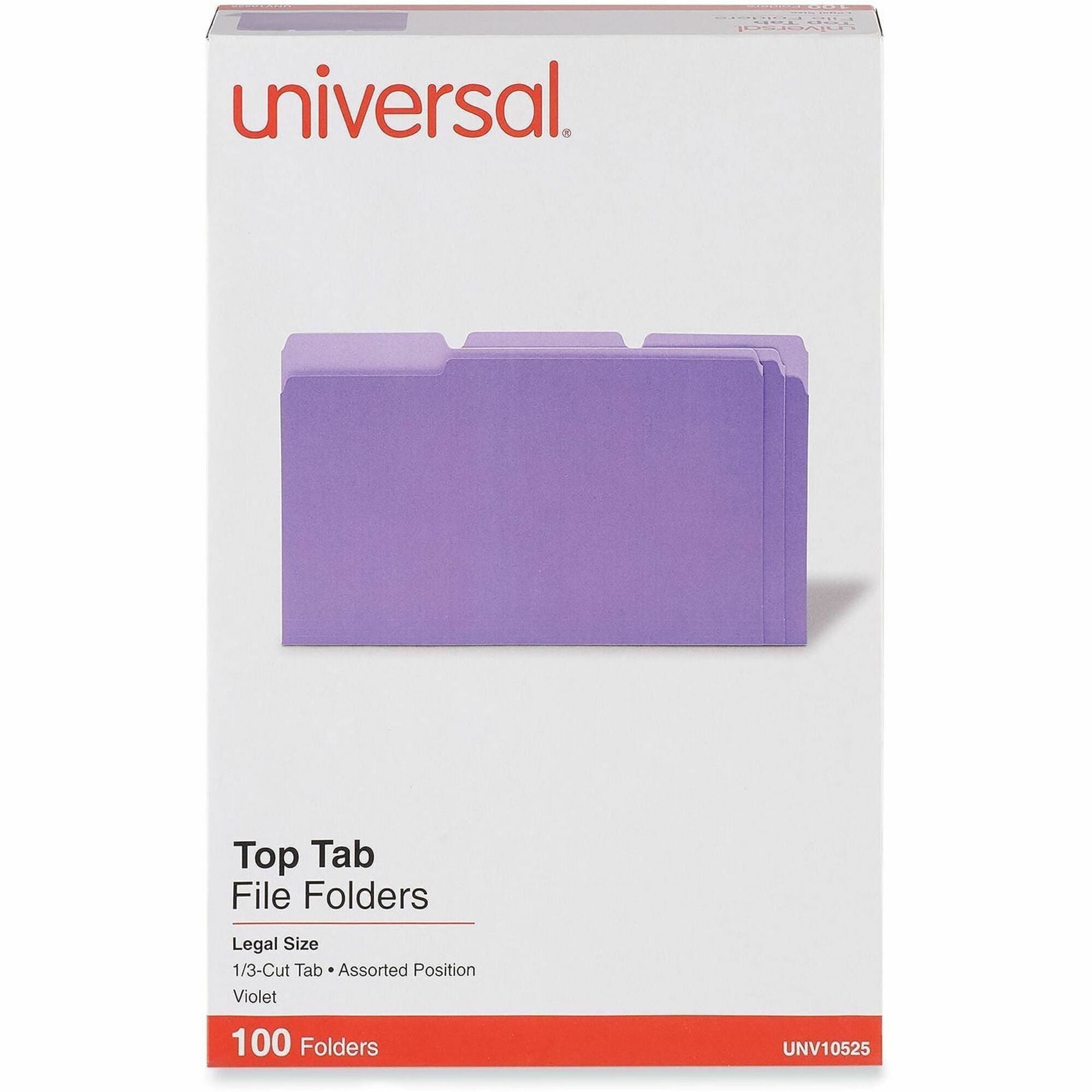 Universal 1/3 Tab Cut Legal Top Tab File Folders, 8 1/2" x 14", Assorted Tab Positions, 11 pt. Stock, Box of 100
