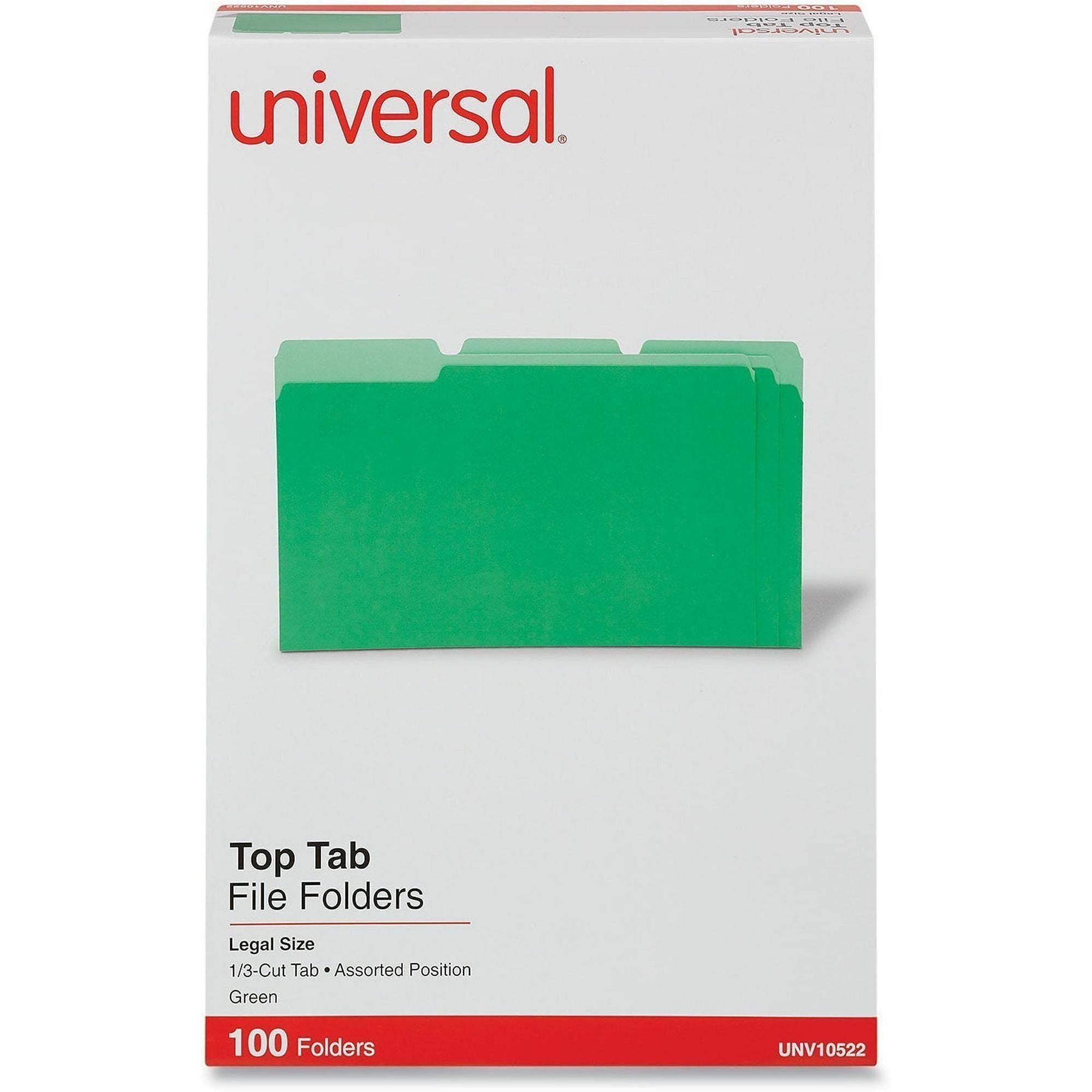 Universal 1/3 Tab Cut Legal Top Tab File Folders, 8 1/2" x 14", Assorted Tab Positions, 11 pt. Stock, Box of 100