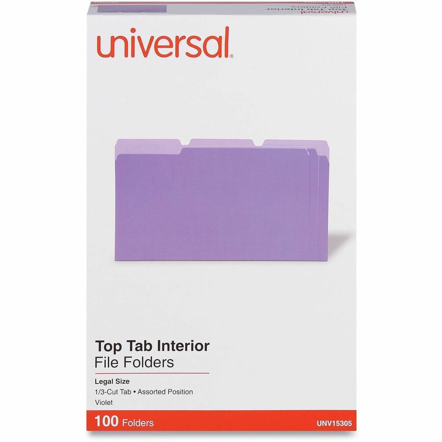 Universal 1/3 Tab Cut Legal Top Tab File Folders, 8 1/2" x 14", Assorted Tab Positions, 11 pt. Stock, Box of 100