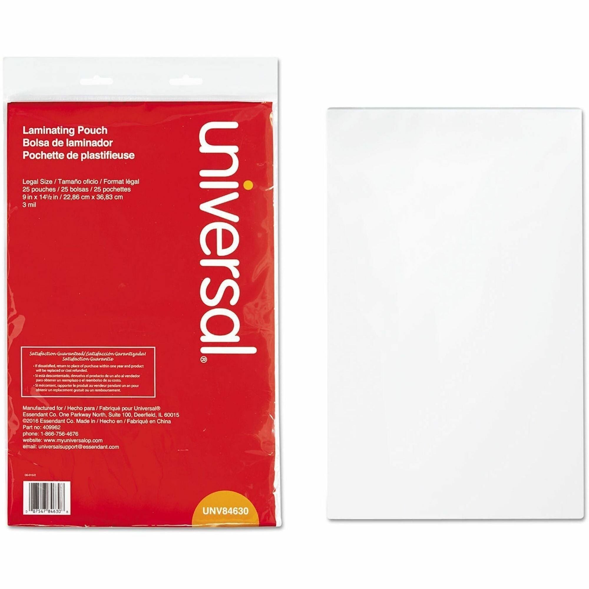 Universal Laminating Pouch, Legal Size 8.5" x 14", 3 mil Thickness, Matte Finish, Clear Plastic, 9" x 14.5" Sheets, 25 Pack