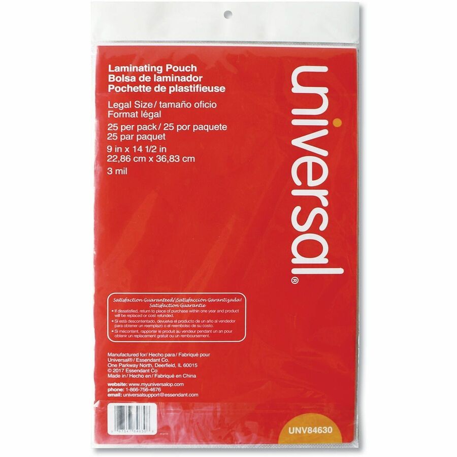 Universal Laminating Pouch, Legal Size 8.5" x 14", 3 mil Thickness, Matte Finish, Clear Plastic, 9" x 14.5" Sheets, 25 Pack
