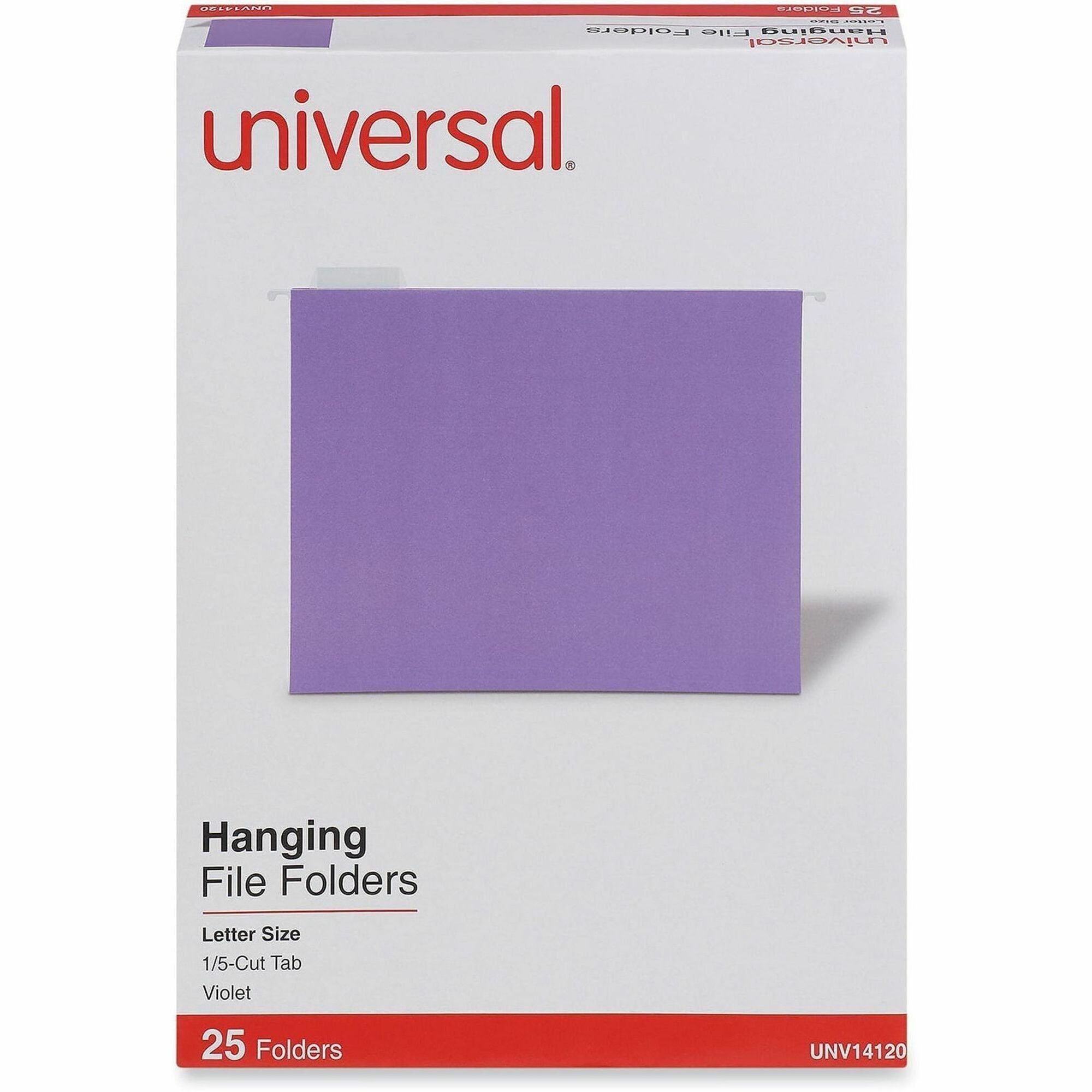 Universal 1/5 Tab Cut Letter Hanging Folder - 8 1/2" x 11" - Assorted Tab Position - 11 pt. - Stock - Violet - 25 Box