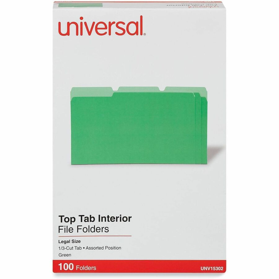 Universal 1/3 Tab Cut Legal Top Tab File Folders, 8 1/2" x 14", Assorted Tab Positions, 11 pt. Stock, Box of 100