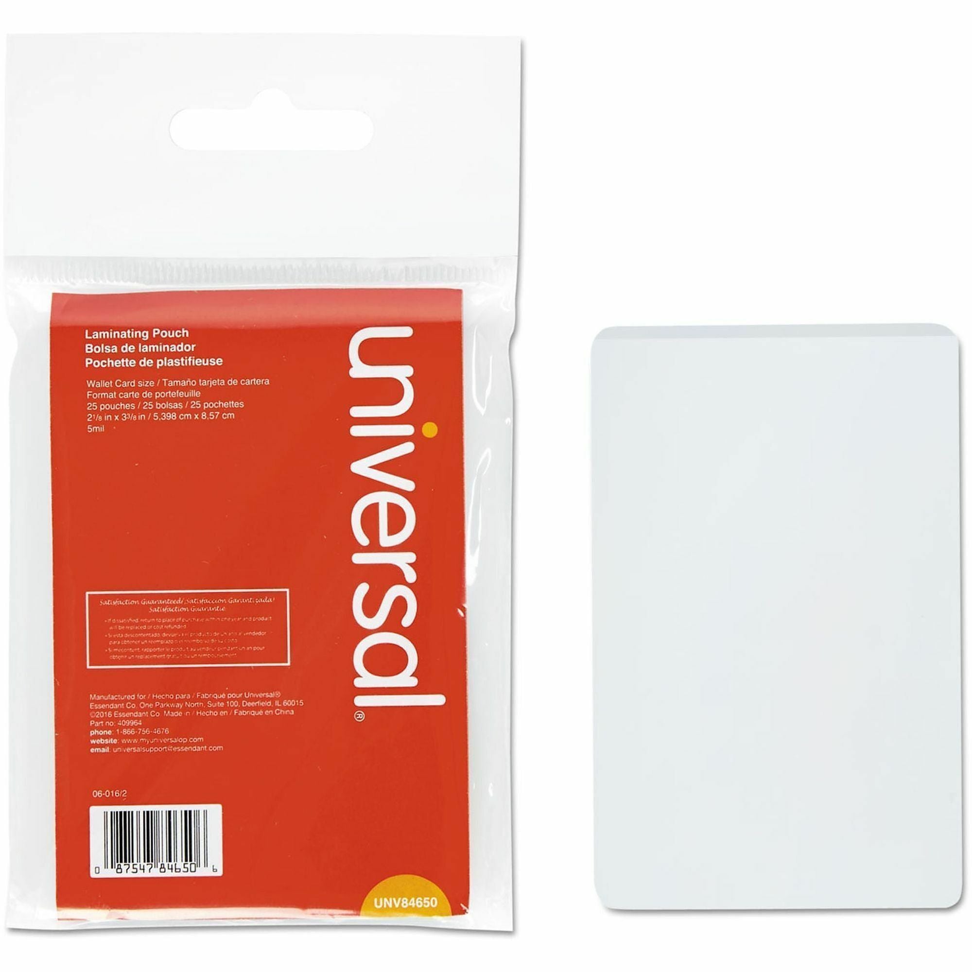 Universal Laminating Pouch, Wallet-Size, 3.38" x 2.13", 5 mil, Matte, Clear, Plastic, 25/Pack