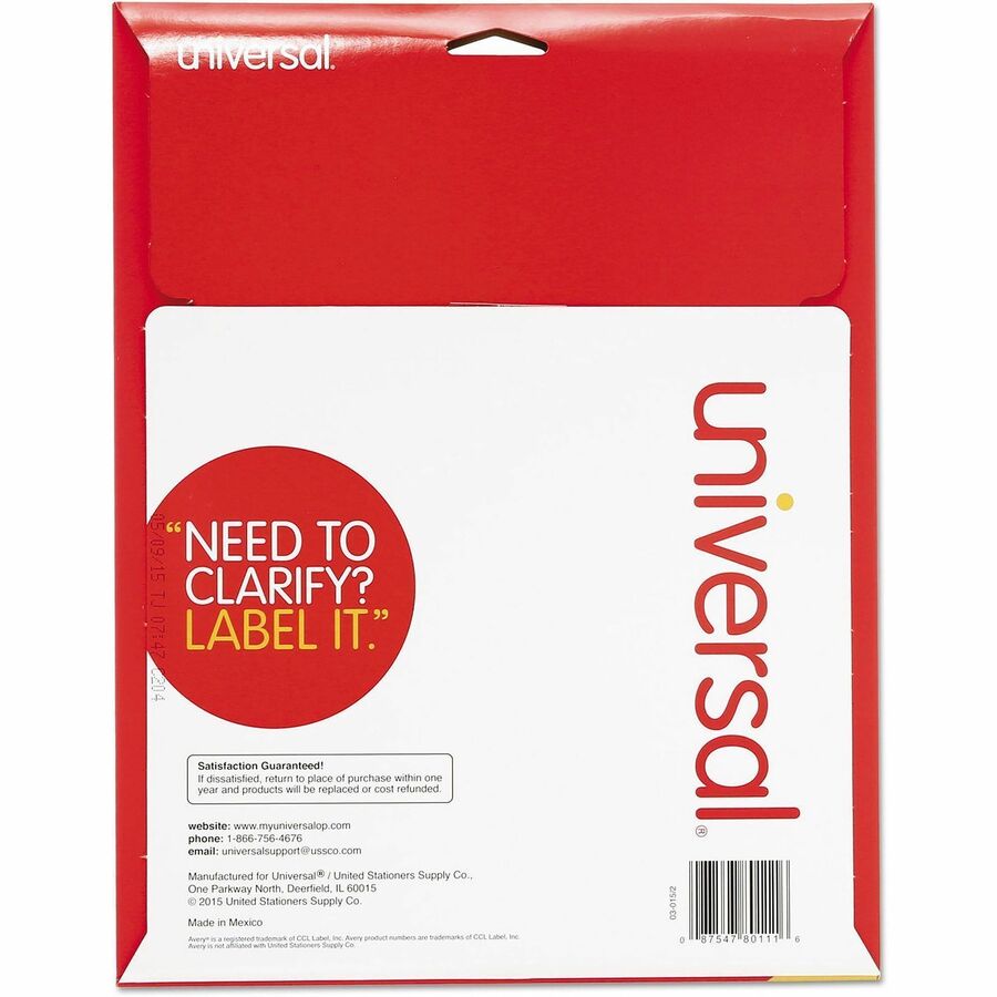 Universal File Folder Label - 3 7/16" Width x 21/32" Length - Permanent Adhesive - Rectangle - Laser, Inkjet - White, Blue, Green, Red, Yellow - Paper - 30 / Sheet - 25 Total Sheets - 750 / Pack