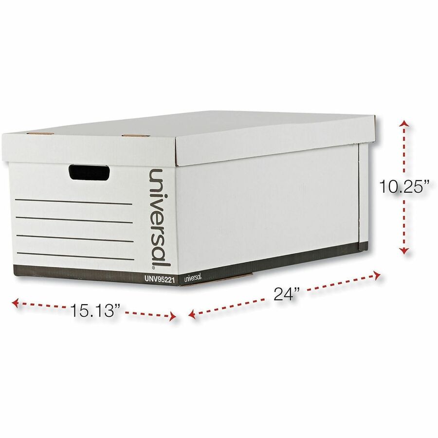 Internal Dimensions: 15.13" Width x 24" Depth x 10.25" Height - Media Size Supported: Legal - Lift-off Closure - Medium Duty - Stackable - Corrugated Fiberboard - White - For Box File - 12 / Carton