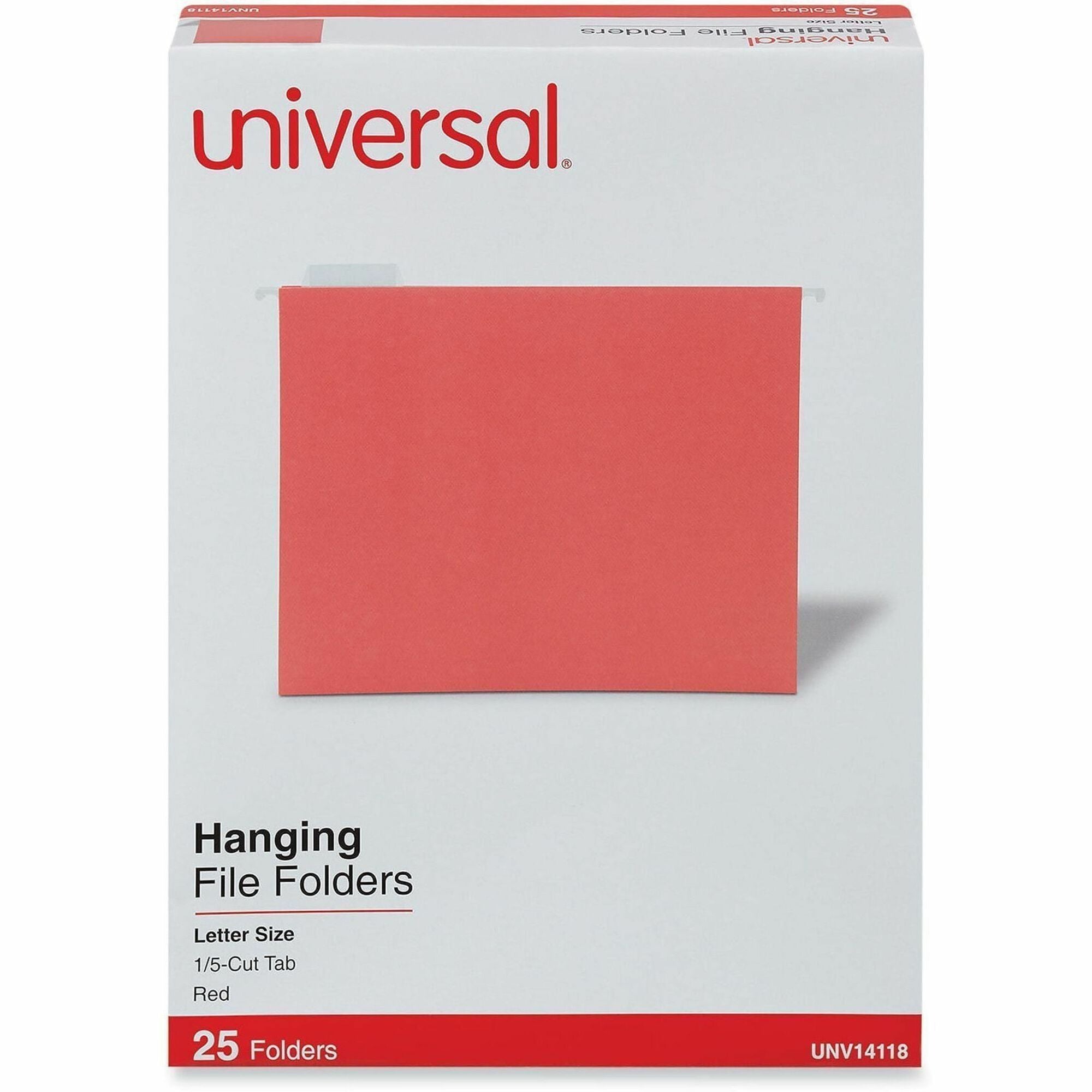 Universal 1/5 Tab Cut Letter Hanging Folder - 8 1/2" x 11" - Assorted Tab Position - 11 pt. - Stock - Red - 25 Box