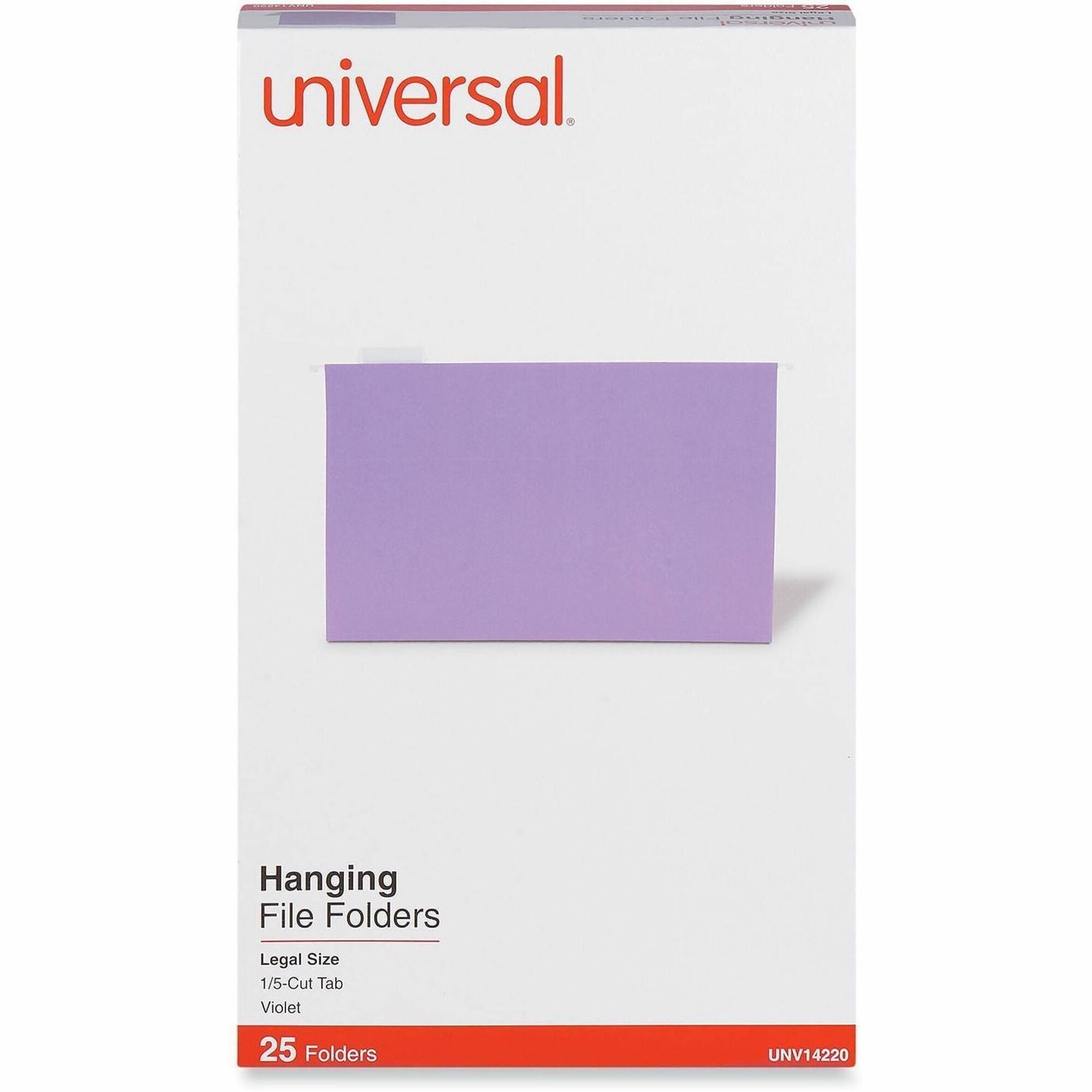 Universal 1/5 Tab Cut Legal Hanging Folder - 8 1/2" x 14" - Assorted Tab Position - 11 pt. - Stock - Violet - 25 Box