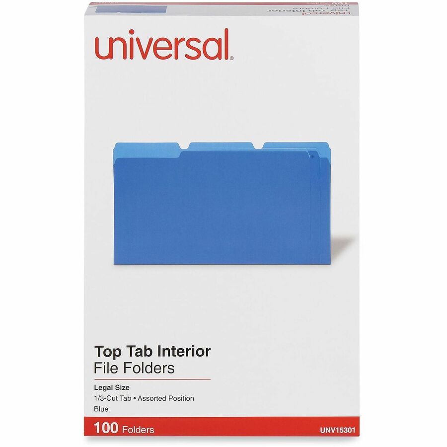 Universal 1/3 Tab Cut Legal Top Tab File Folders, 8 1/2" x 14", Assorted Tab Positions, 11 pt. Stock, Box of 100