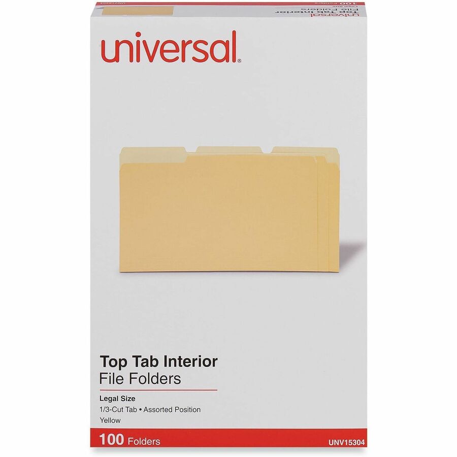 Universal 1/3 Tab Cut Legal Top Tab File Folders, 8 1/2" x 14", Assorted Tab Position, 11 pt. Stock, Box of 100
