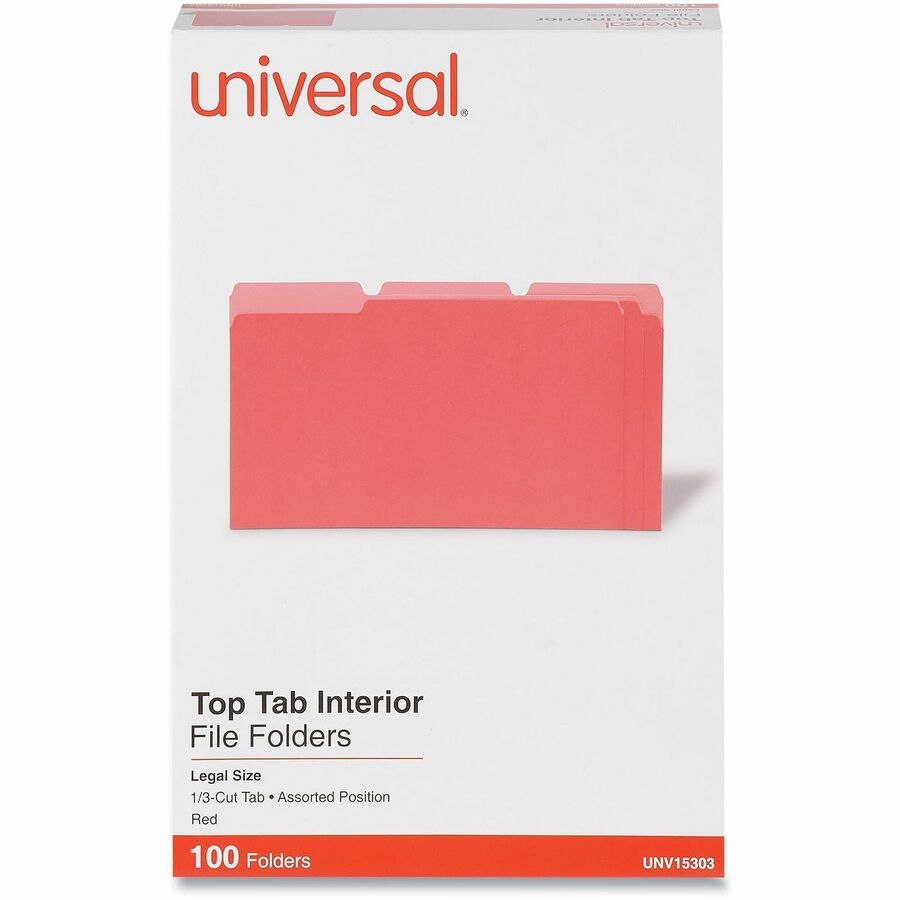 Universal 1/3 Tab Cut Legal Top Tab File Folders, 8 1/2" x 14", Assorted Tab Positions, 11 pt. Stock, Box of 100