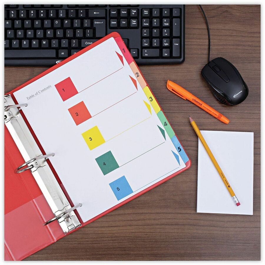 Universal Deluxe Index Divider, 5 Print-on Side Tabs (1-5), Table of Contents, Letter Size, 3-Hole Punched, White, Assorted Tabs, Double-sided, Mylar Reinforced, Laminated Tabs, 6 Sets