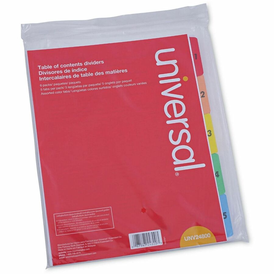 Universal Deluxe Index Divider, 5 Print-on Side Tabs (1-5), Table of Contents, Letter Size, 3-Hole Punched, White, Assorted Tabs, Double-sided, Mylar Reinforced, Laminated Tabs, 6 Sets