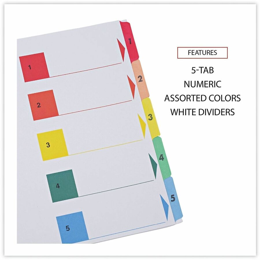 Universal Deluxe Index Divider, 5 Print-on Side Tabs (1-5), Table of Contents, Letter Size, 3-Hole Punched, White, Assorted Tabs, Double-sided, Mylar Reinforced, Laminated Tabs, 6 Sets