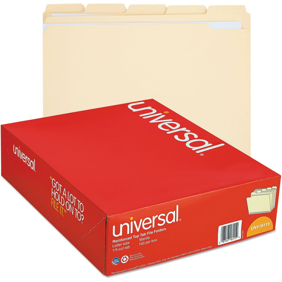 Universal 1/5 Tab Cut Letter Top Tab File Folder, 8.5" x 11", 3/4" Expansion, Assorted Tab Position, 11 pt. Manila, 100/Box