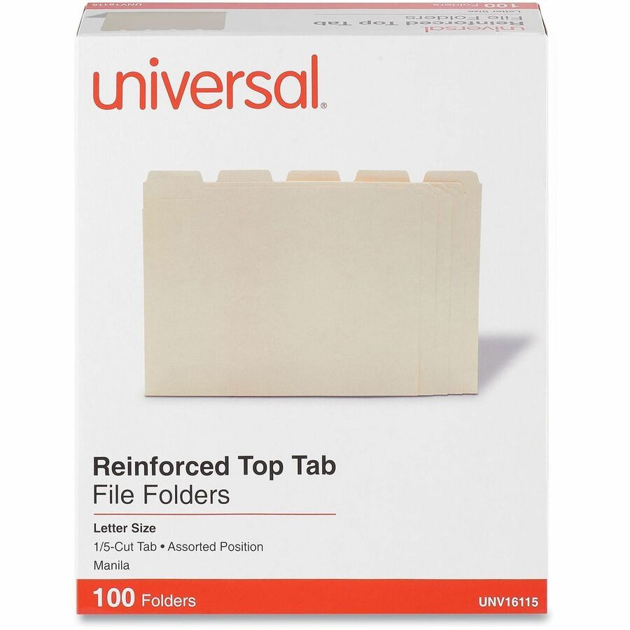 Universal 1/5 Tab Cut Letter Top Tab File Folder, 8.5" x 11", 3/4" Expansion, Assorted Tab Position, 11 pt. Manila, 100/Box