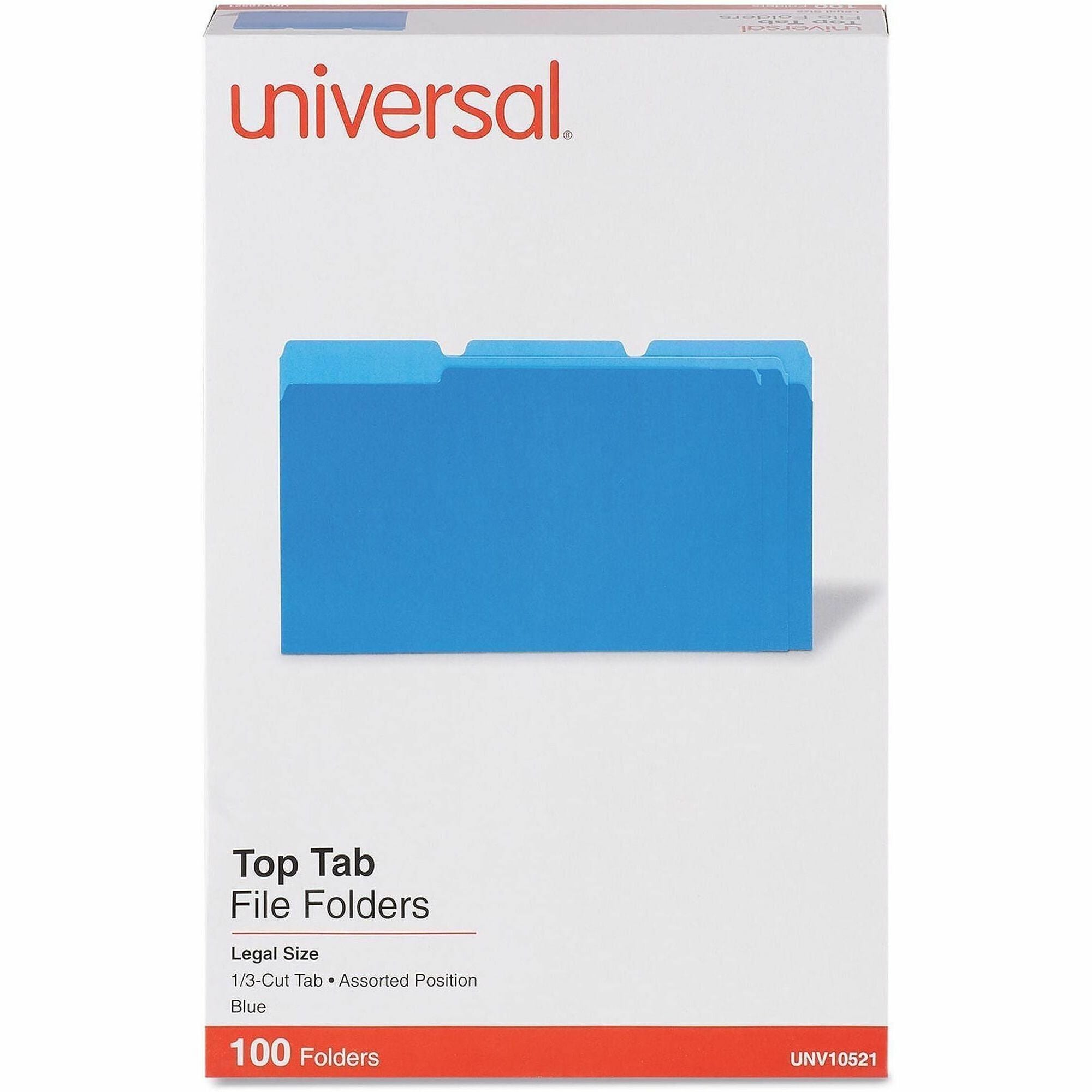 Universal 1/3 Tab Cut Legal Top Tab File Folders, 8 1/2" x 14", Assorted Tab Positions, 11 pt. Stock, Box of 100
