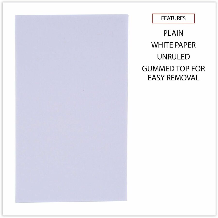 1 Subject(s) - 100 Sheets - Plain - Glued - Unruled Front Ruling - 16 lb Basis Weight - 5" Height x 3" Width - White Paper - 180 / Carton