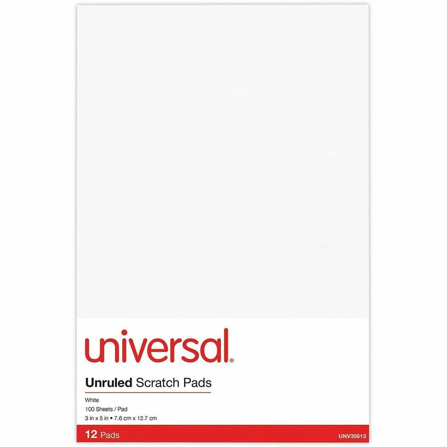 1 Subject(s) - 100 Sheets - Plain - Glued - Unruled Front Ruling - 16 lb Basis Weight - 5" Height x 3" Width - White Paper - 12 / Pack